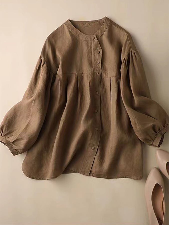 Cotton And Linen Solid Color Lantern Sleeve Shirt