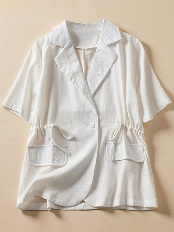 Cotton Linen Drawstring Loose Short Sleeved Suit Collar Shirt