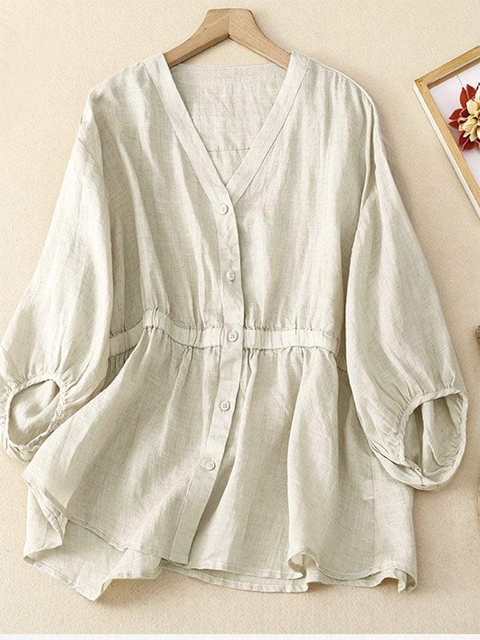 Linen V-neck Waistband Lantern Sleeve Pullover Shirt