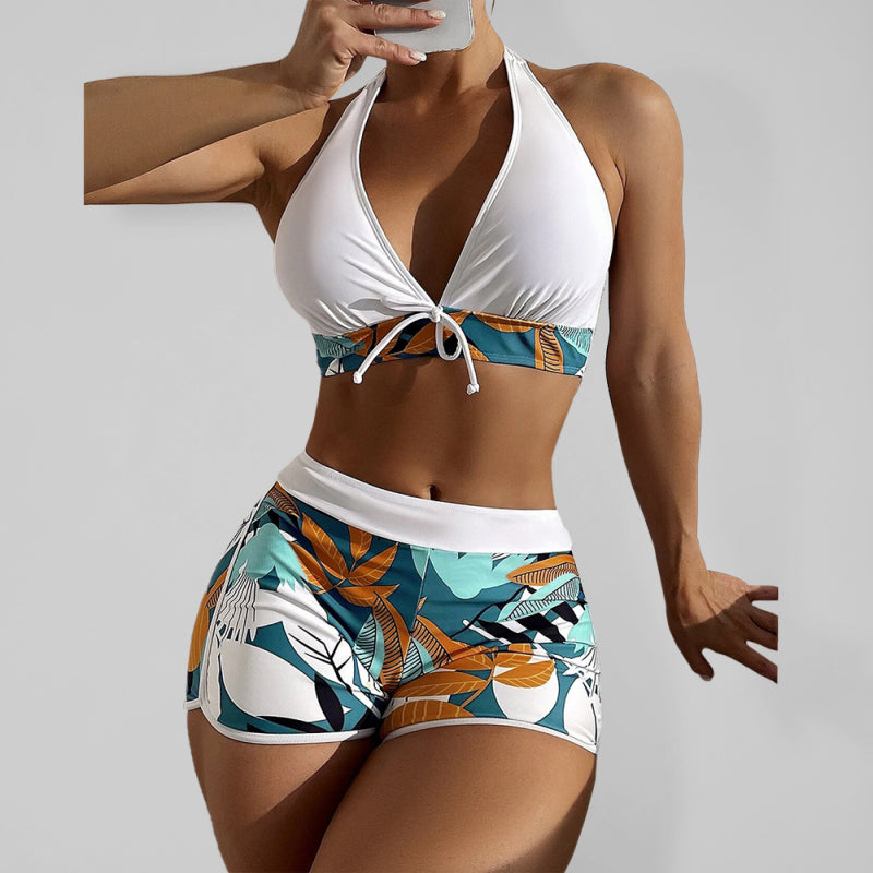 Split High Waist Boxer Ties Printed Solid Color Stitching Bikini