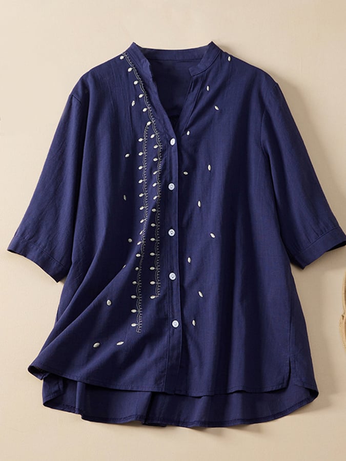Cotton Linen Embroidered V-Neck Short-Sleeved Shirt