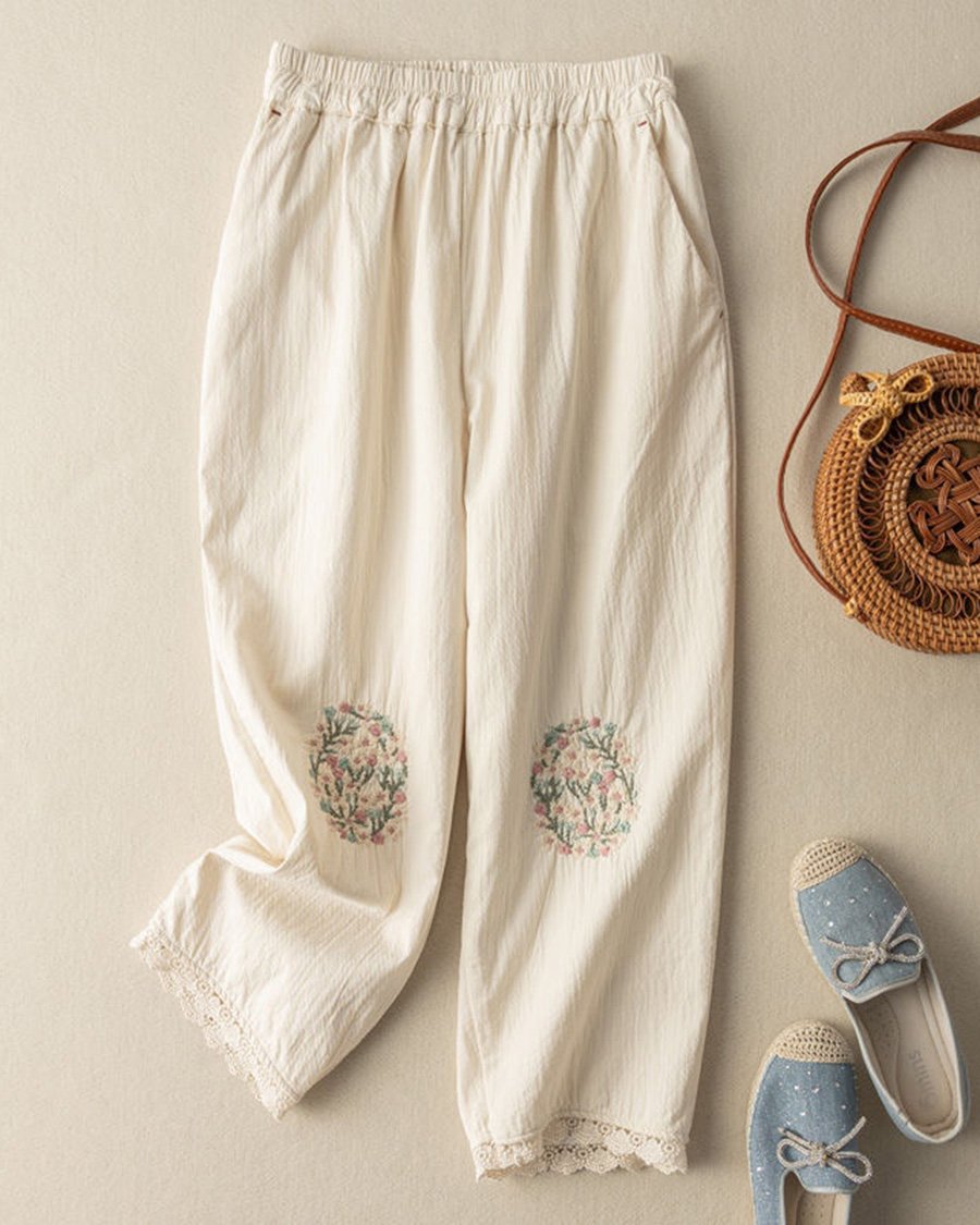 Linen Floral-embroidered Lace-paneled Track Pants